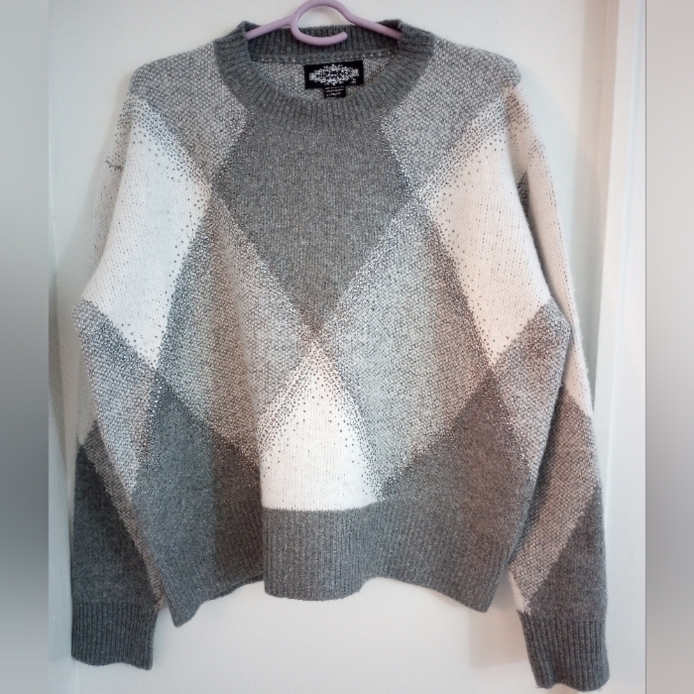 Gray White Wool Blend Argyle Rhinestone Crew Neck Preppy Academia Sweater Size L